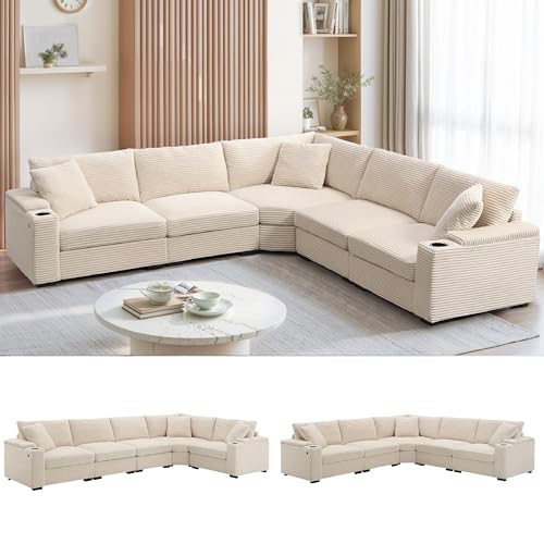 Beige Corduroy Sectional Corner Sofa with Cup Holders Q475308