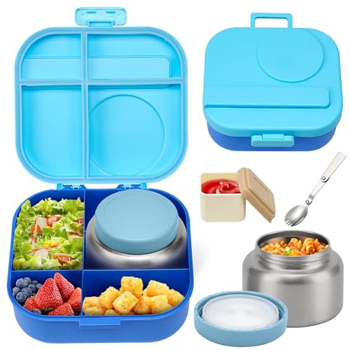 Bento Lunch Box for Kids, 4 Compartments, 12oz Soup Thermo, BPA Free, Leak proof, Blue Q91991