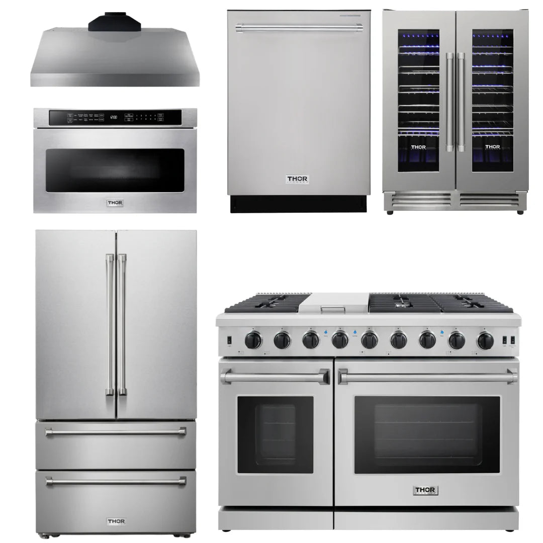 48 In. Gas Range, Range Hood, Refrigerator, Dishwasher, Wine Cooler, Microwave W57698