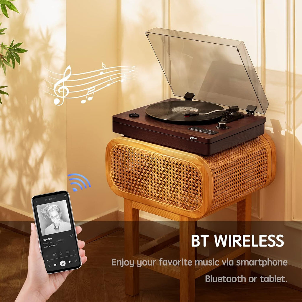 Wooden Vinyl Record Player with Built-in Speakers, Bluetooth Input, 3-Speed D1493