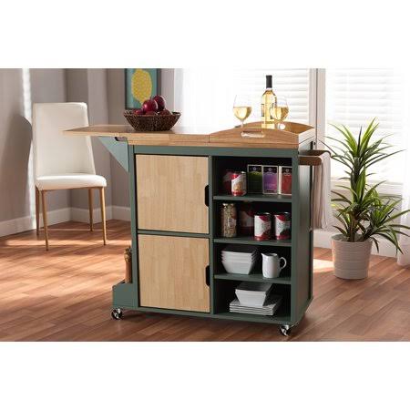 Dark Green and Natural Wood Kitchen Storage Cart N177