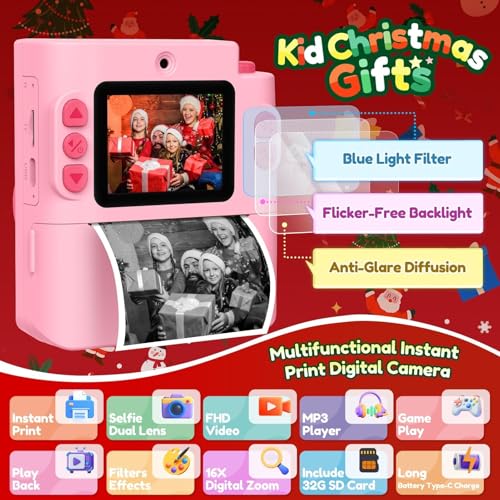 Instant Print Dual Lens Digital Camera with 32G SD Card Storage Bag Pink B5537