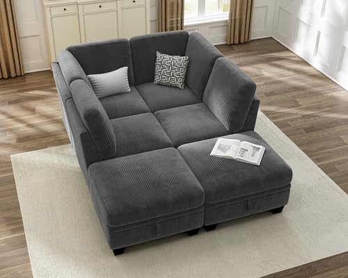 Dark Grey Corduroy Modular Sectional Sleeper Sofa with Ottoman M12297