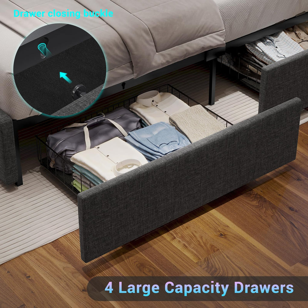Dark Grey Queen Size Upholstered Platform Bed with 4 Storage Drawers O779080