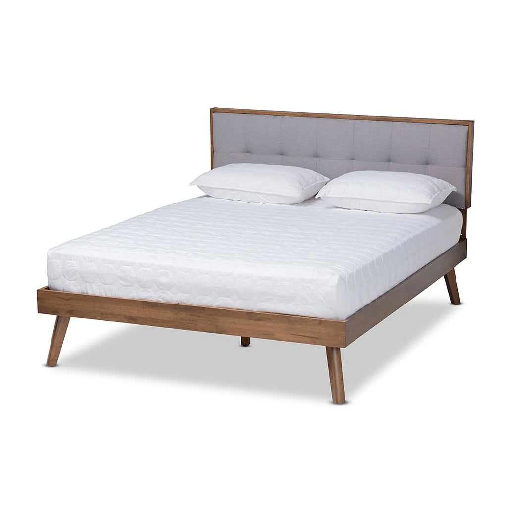 Light Grey Fabric Upholstered Walnut Brown Wood Queen Size Platform Bed Q293
