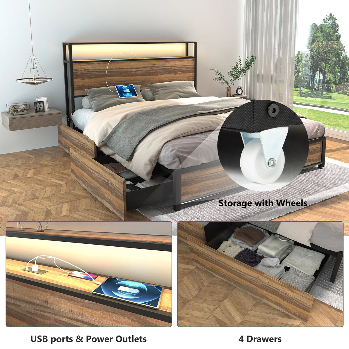 Queen Size LED Metal Platform Bed Frame with 4 Storage Drawers and Headboard N93176