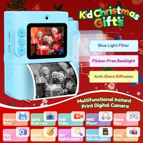 Instant Print Dual Lens Digital Camera with 32G SD Card Storage Bag Pink B5537