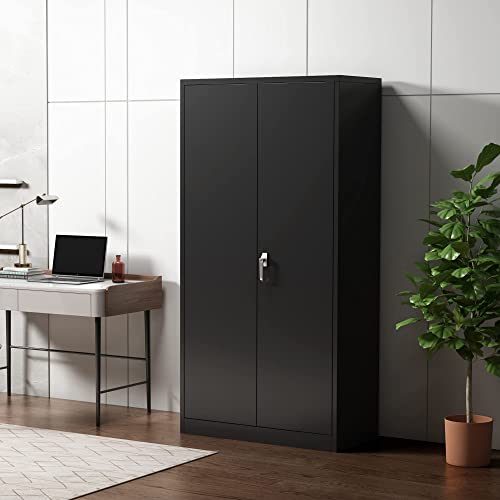 31.5" H Black Steel Lockable Storage Cabinet with 2 Adjustable Shelves V64165
