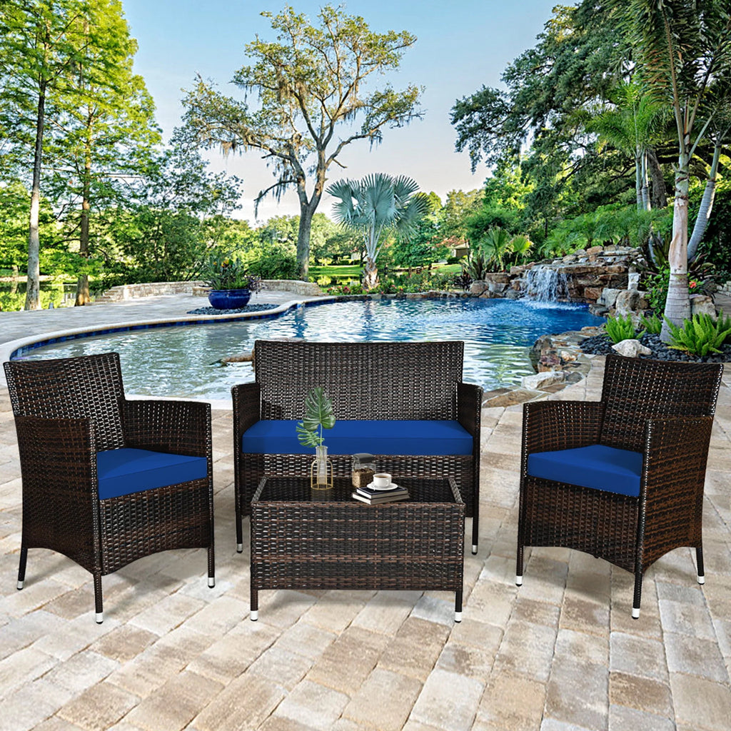 4 Pc Turquoise Cushioned Patio Rattan Conversation Furniture Set M672