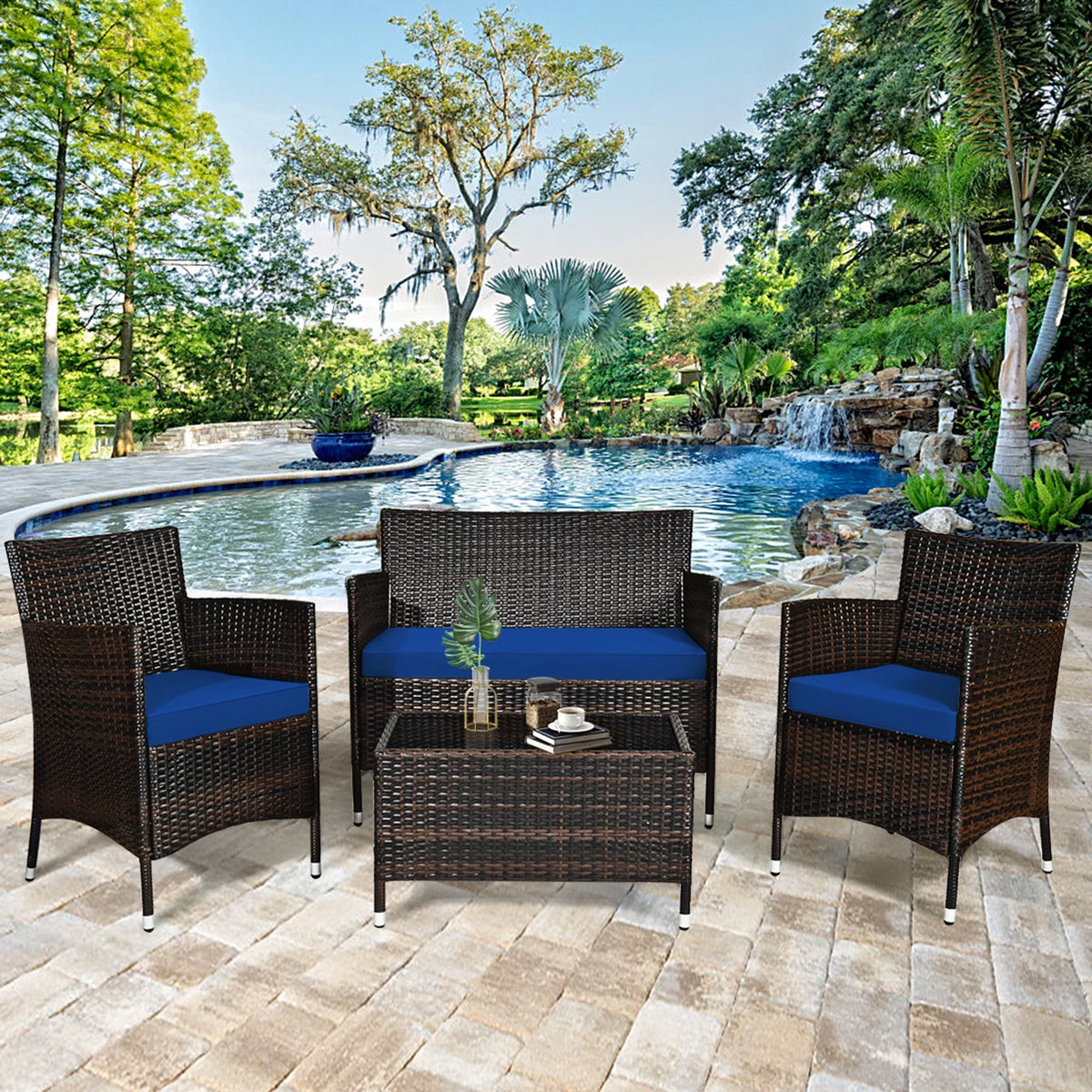 4 Pc Turquoise Cushioned Patio Rattan Conversation Furniture Set M672