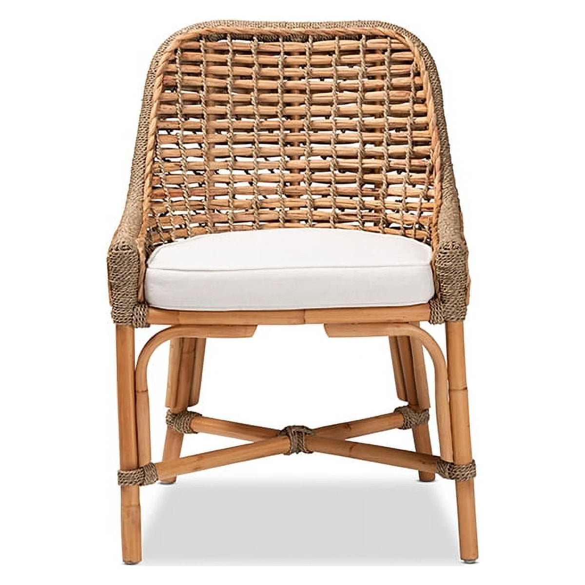 Natural Brown Woven Rattan Dining Side Chair With Cushion U589163
