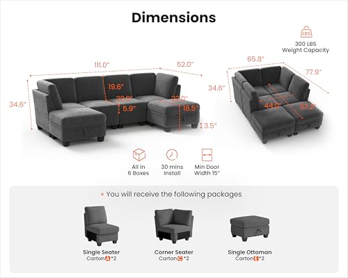 Dark Grey Corduroy Modular Sectional Sleeper Sofa with Ottoman M12297