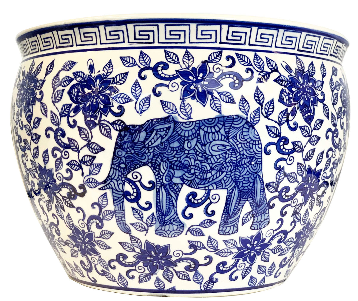 Blue And White Porcelain Fishbowl With Elephant Design 14"W x 11" H T53307