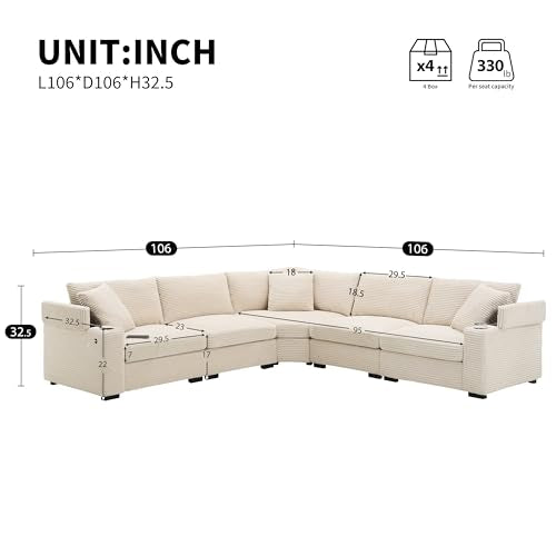 Beige Corduroy Sectional Corner Sofa with Cup Holders Q475308