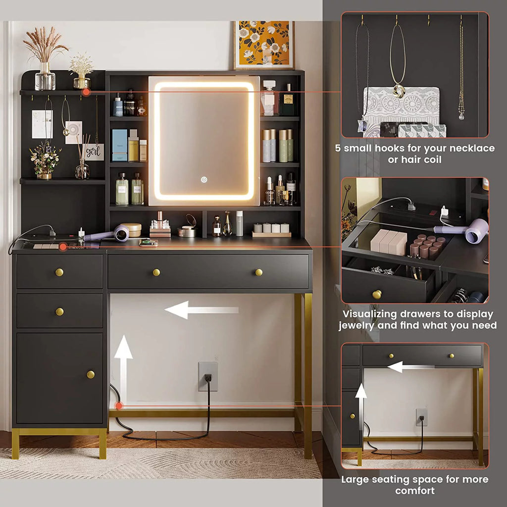 Black Makeup Desk with Lights and Charging Station E65511