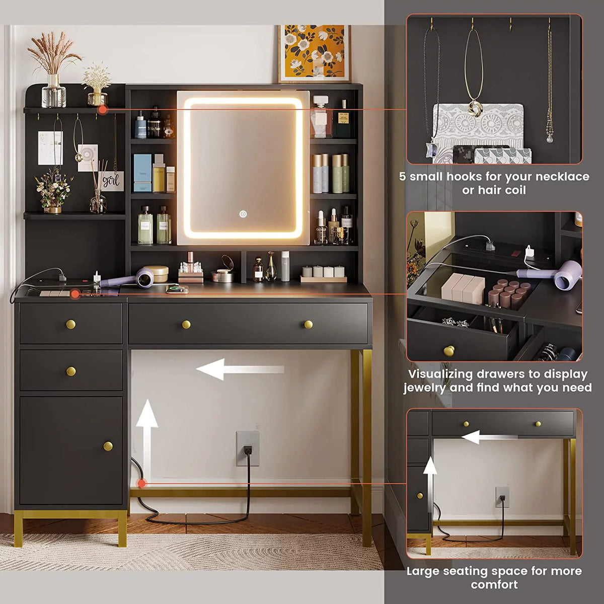 Black Makeup Desk with Lights and Charging Station E65511