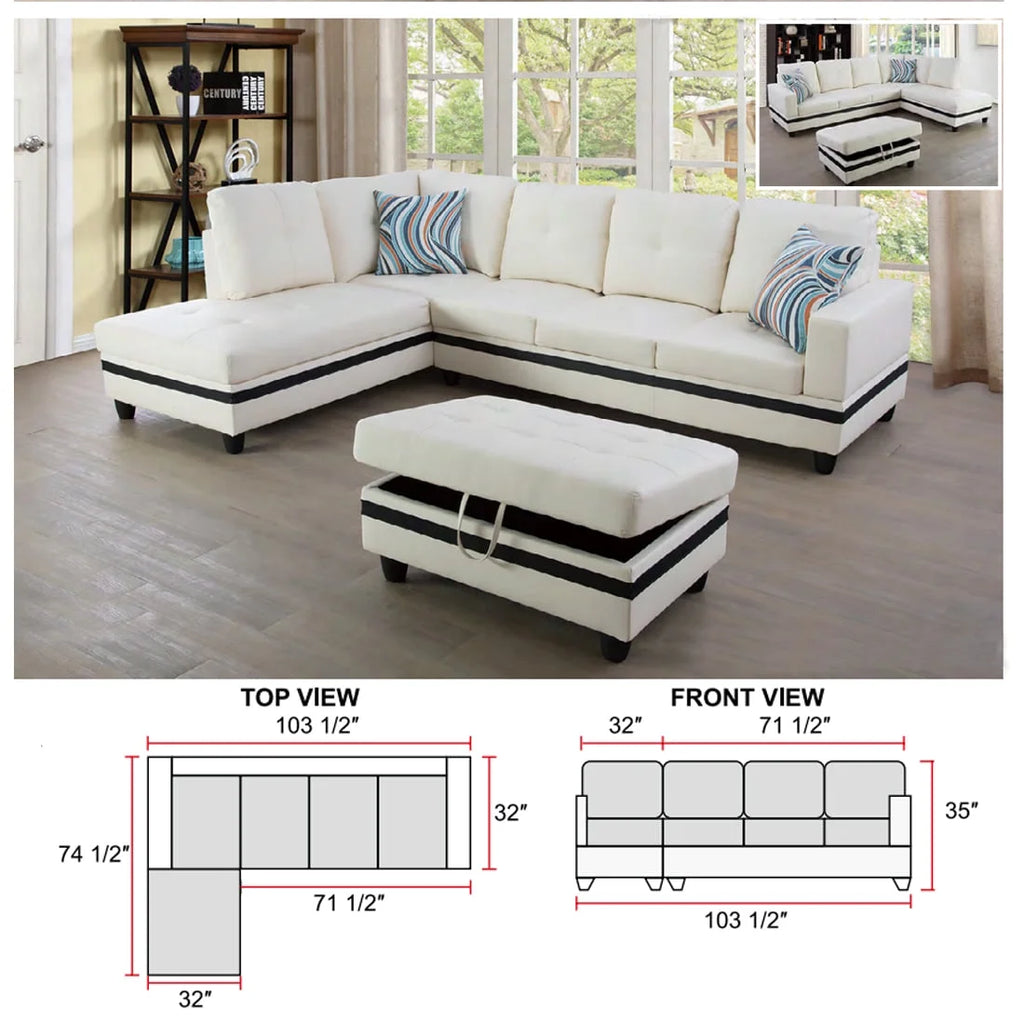 Black&White Leather Sectional Sofa Set with Storage Ottoman and Matching Pillows I7773