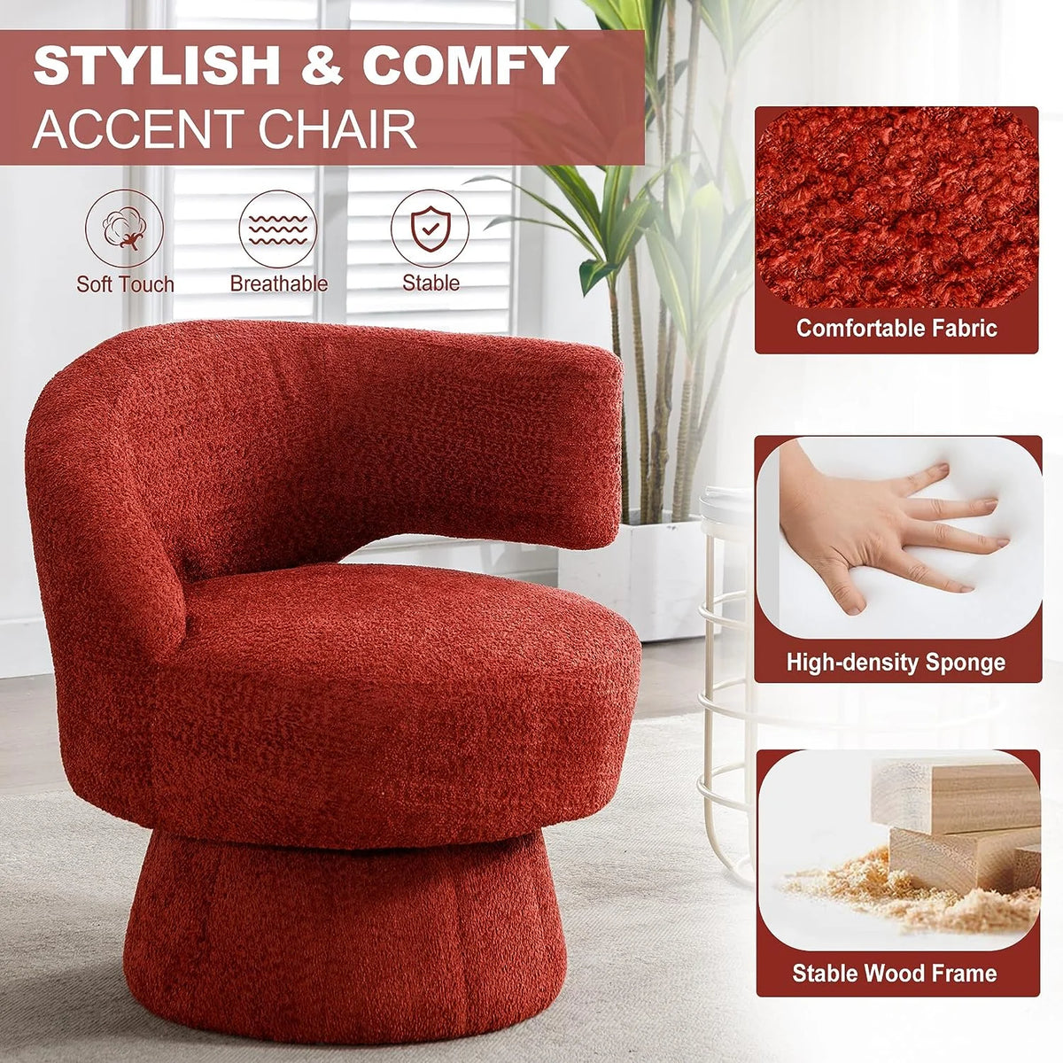 Round Swivel Fuzzy Teddy Barrel Accent Chair D88141