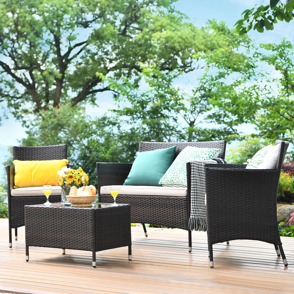 4 Pc Turquoise Cushioned Patio Rattan Conversation Furniture Set M672