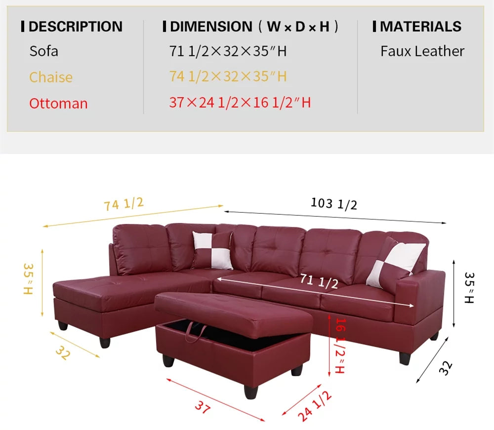 Red Left Facing Faux Leather Sectional Sofa with Ottoman D5328