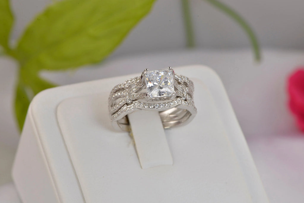 3pcs Princess Cut Diamond Simulated 925 Sterling Silver Bridal Set X47526