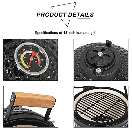 13in Round Ceramic Charcoal Grill with Thermometer, Black F798