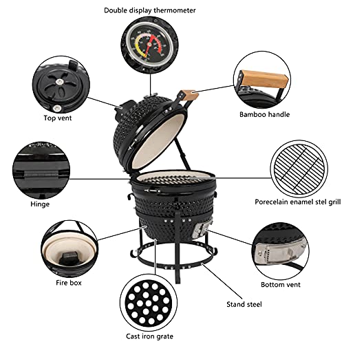 13in Round Ceramic Charcoal Grill with Thermometer, Black F798