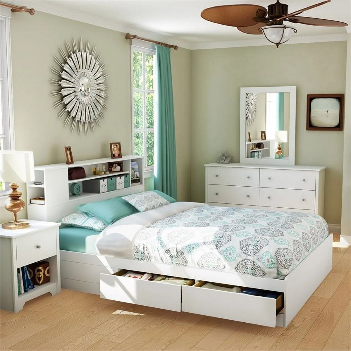 Queen Wood Bookcase Storage Bed I2662