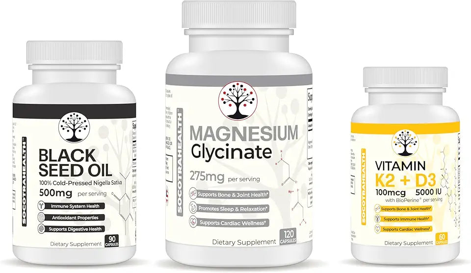Magnesium Glycinate, Black Seed Oil, Vitamin D3 K2 Bundle U315