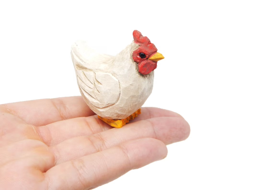 White Hen Wooden Carving Miniature Figurine D145