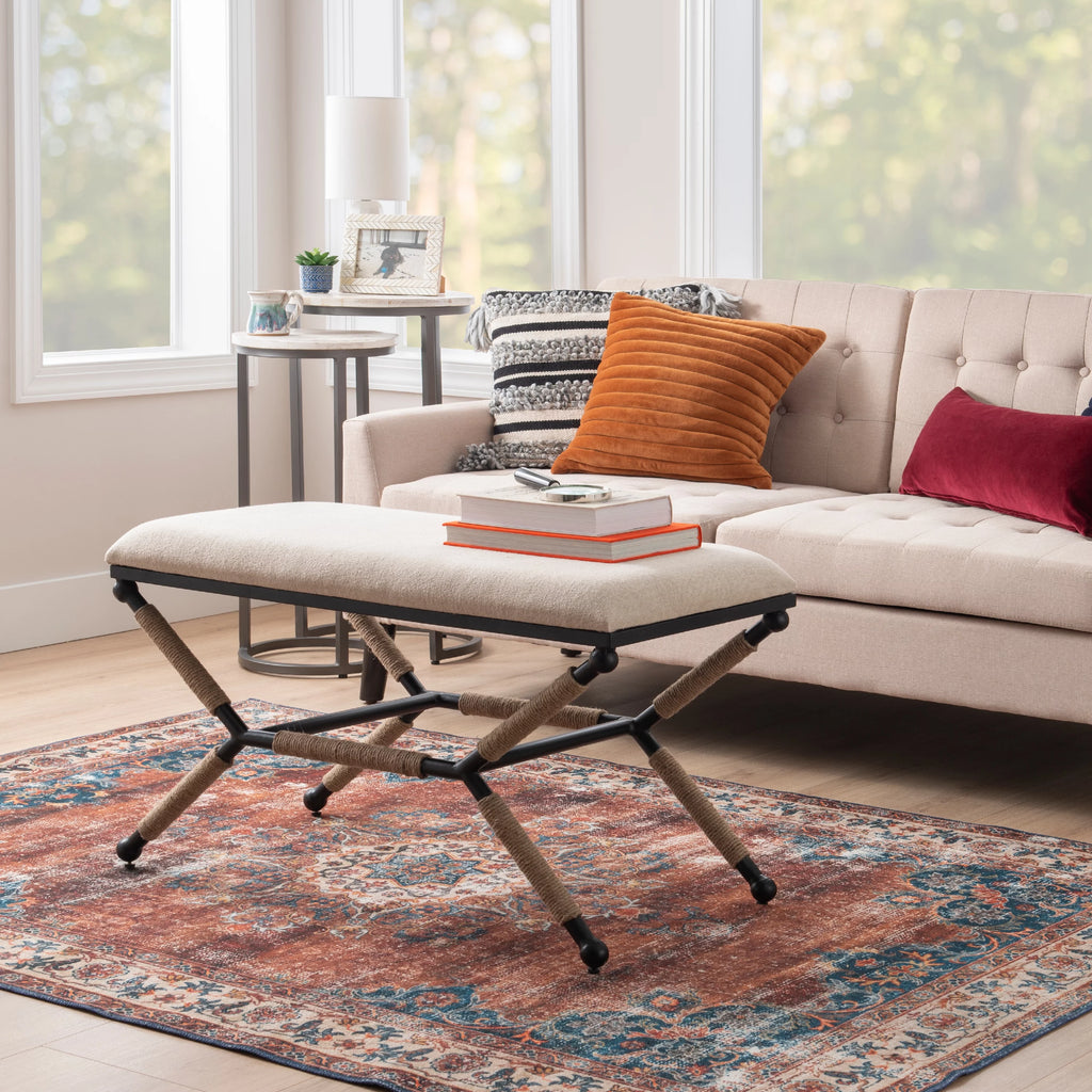 Rope Wrapped Metal Legs Natural Linen Fabric Bench or Ottoman X934