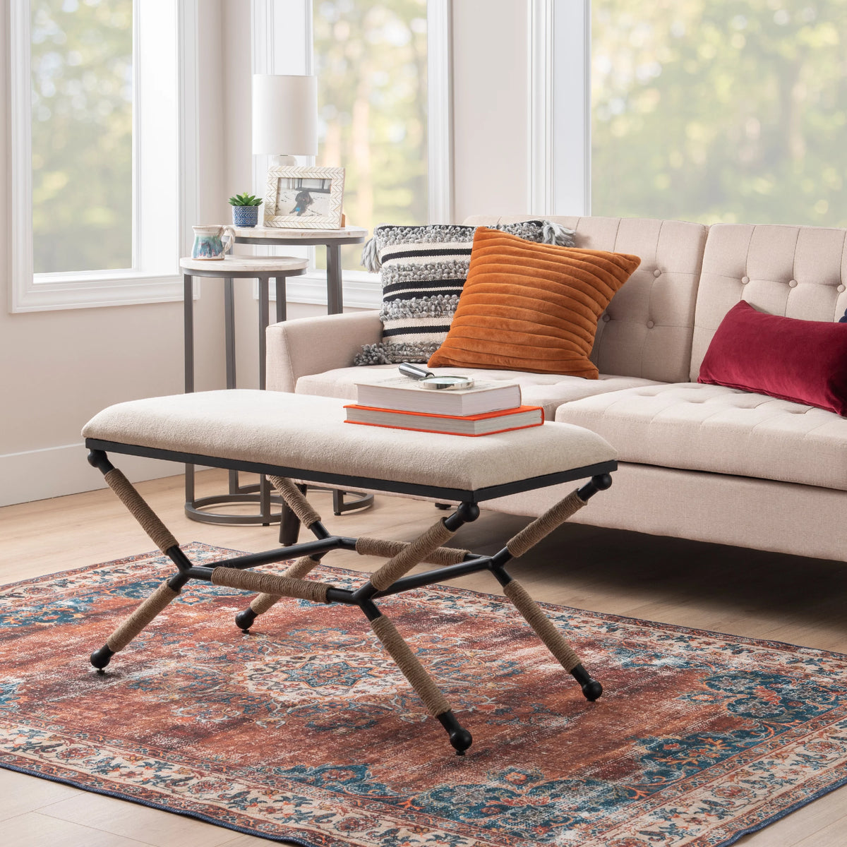 Rope Wrapped Metal Legs Natural Linen Fabric Bench or Ottoman X934