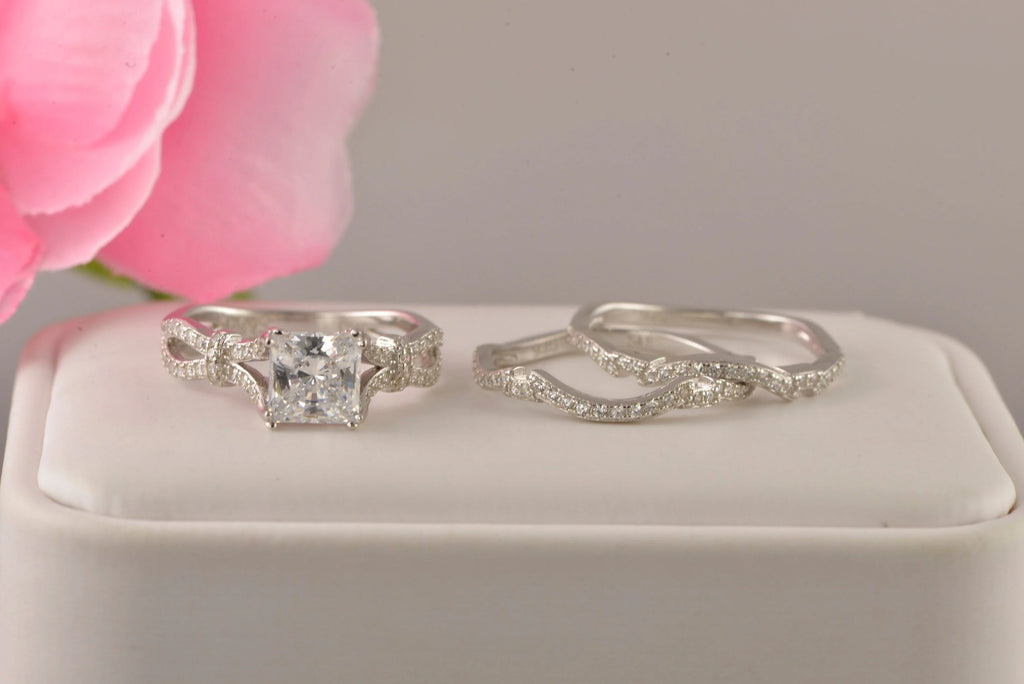 3pcs Princess Cut Diamond Simulated 925 Sterling Silver Bridal Set X47526