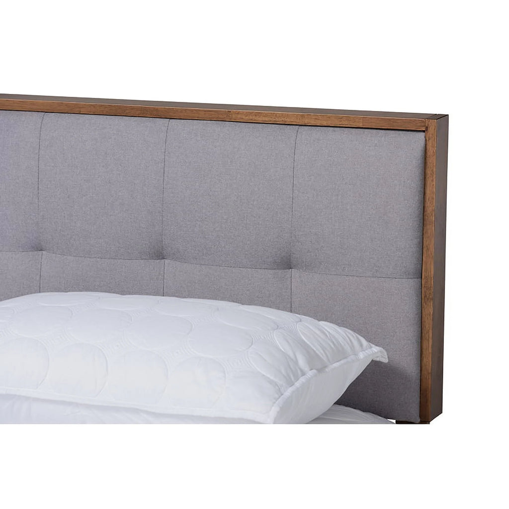 Light Grey Fabric Upholstered Walnut Brown Wood Queen Size Platform Bed Q293