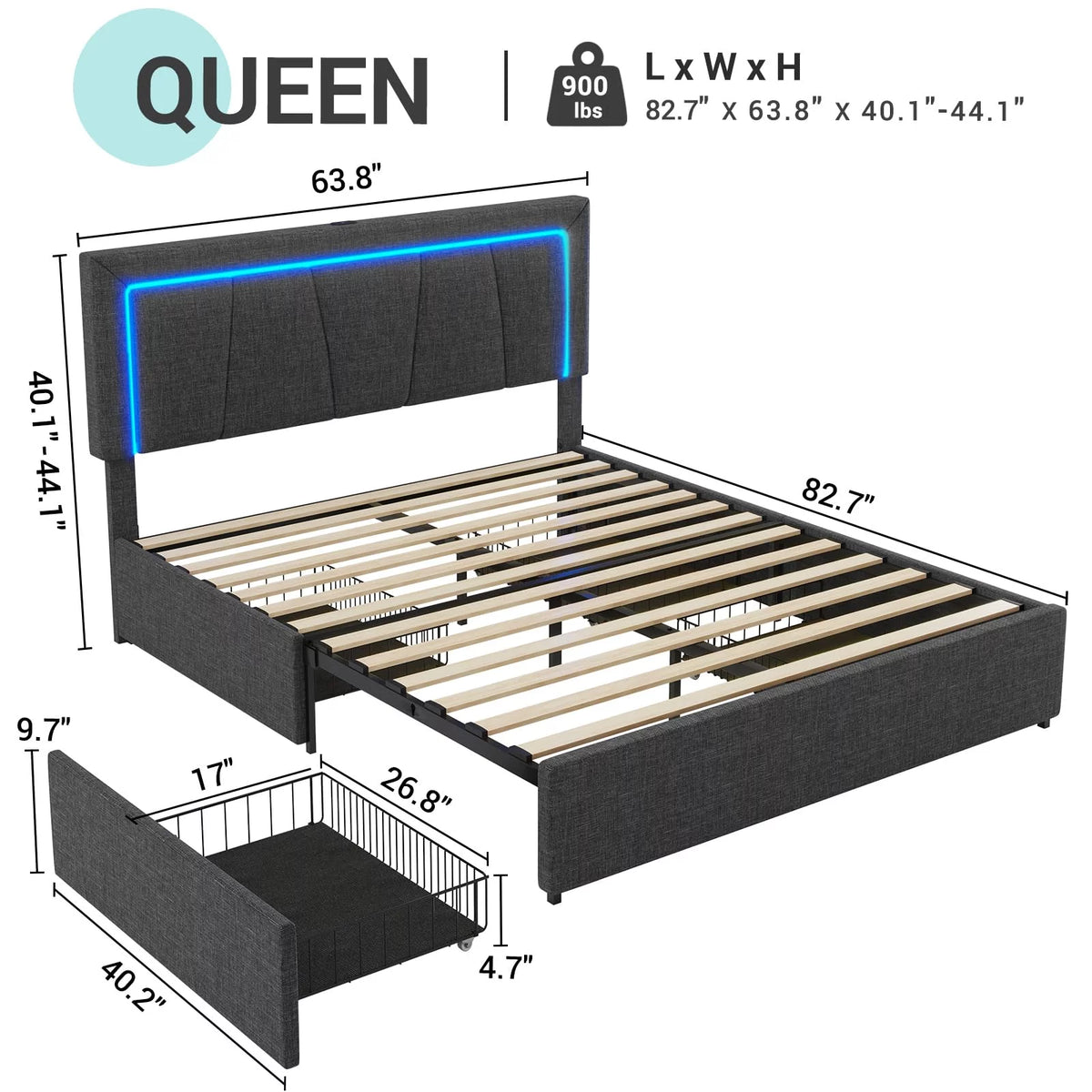 Dark Grey Queen Size Upholstered Platform Bed with 4 Storage Drawers O779080