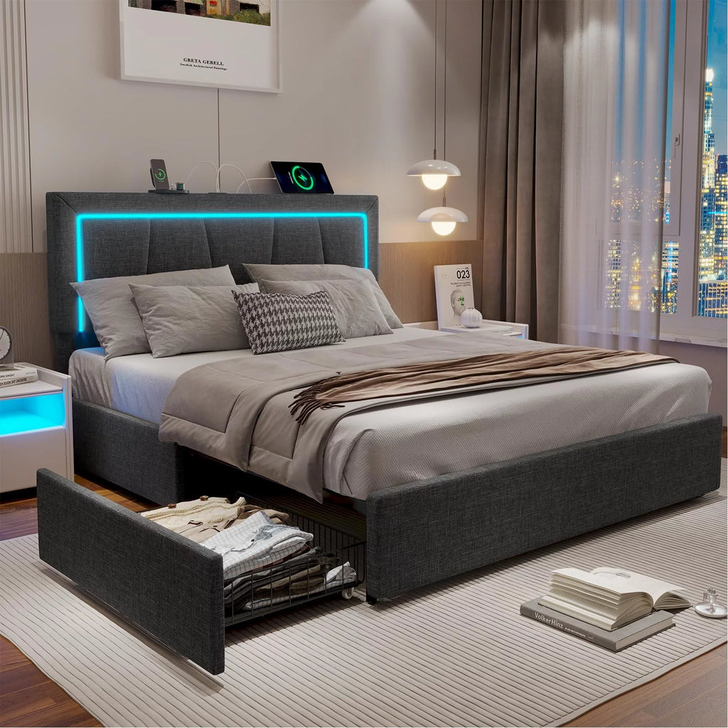 Dark Grey Queen Size Upholstered Platform Bed with 4 Storage Drawers O779080