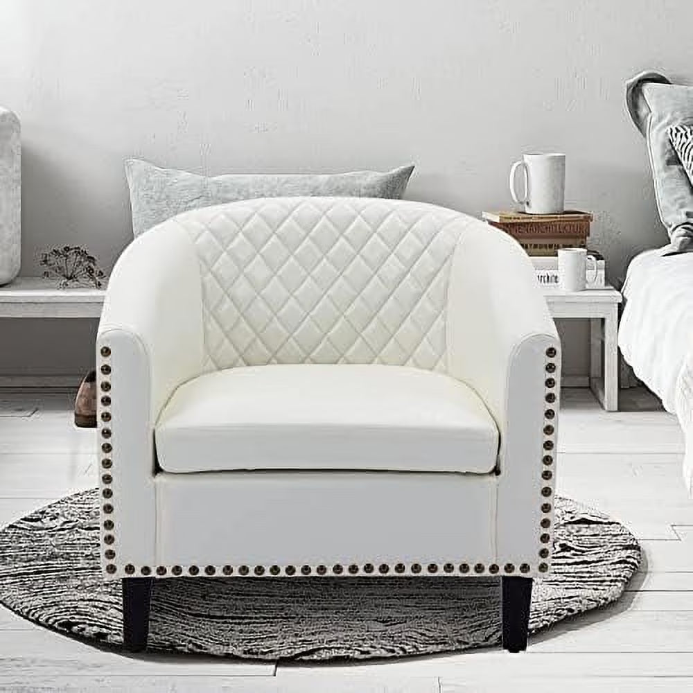 White Faux Leather Barrel Club Chair with Solid Wood Legs H656