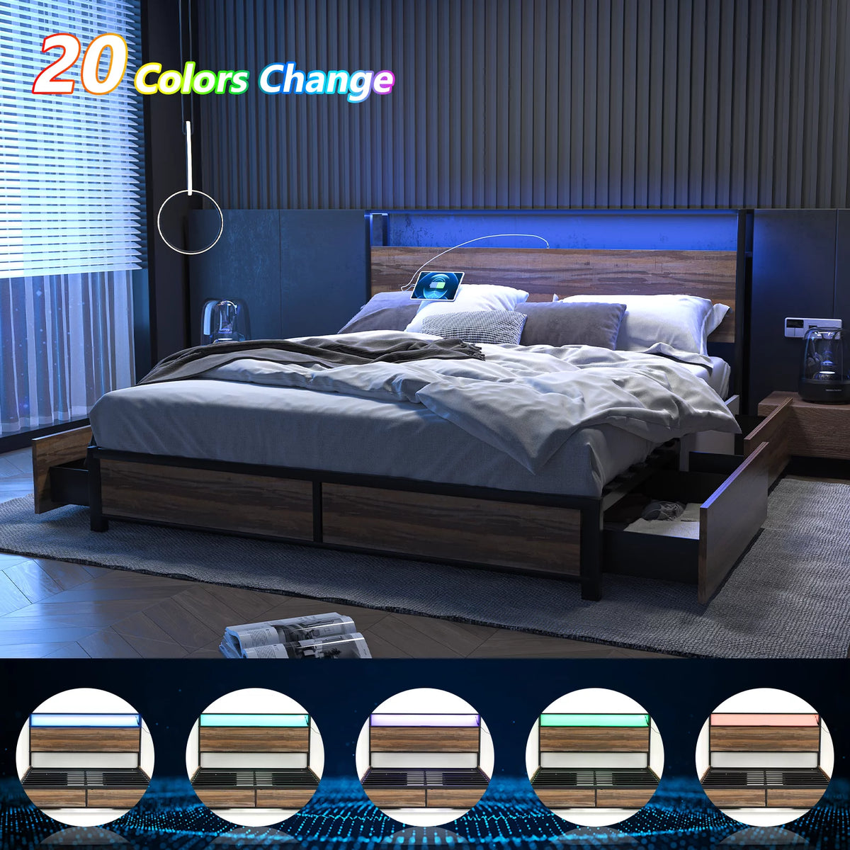 Queen Size LED Metal Platform Bed Frame with 4 Storage Drawers and Headboard N93176
