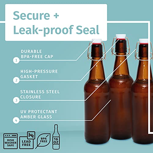 Swing Top Glass Bottles Set of 6, 16oz Clear with Caps C123