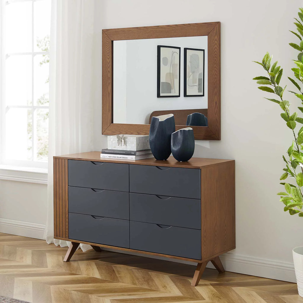 Walnut Wood Dresser Drawer Chest Mirror Set N1068