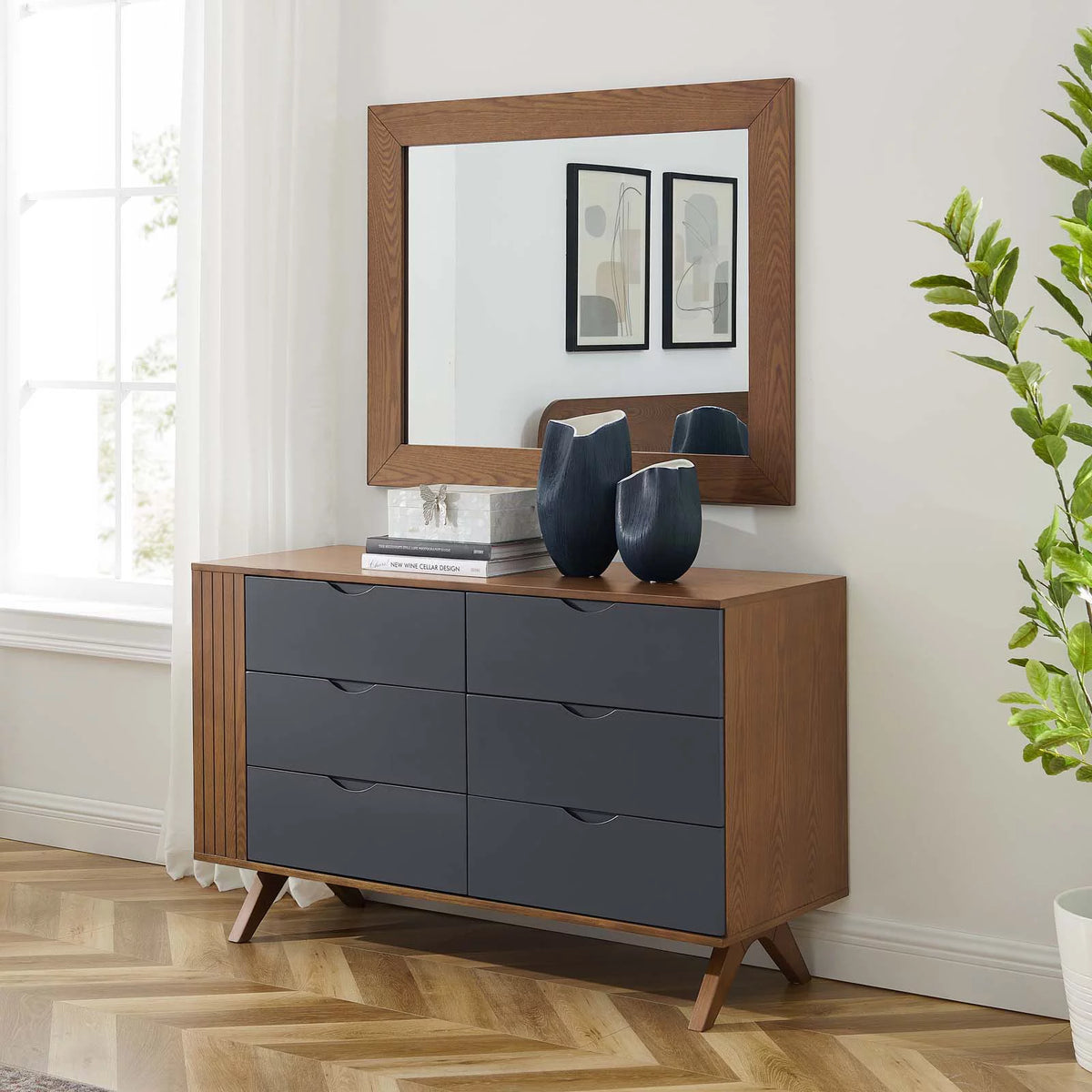 Walnut Wood Dresser Drawer Chest Mirror Set N1068