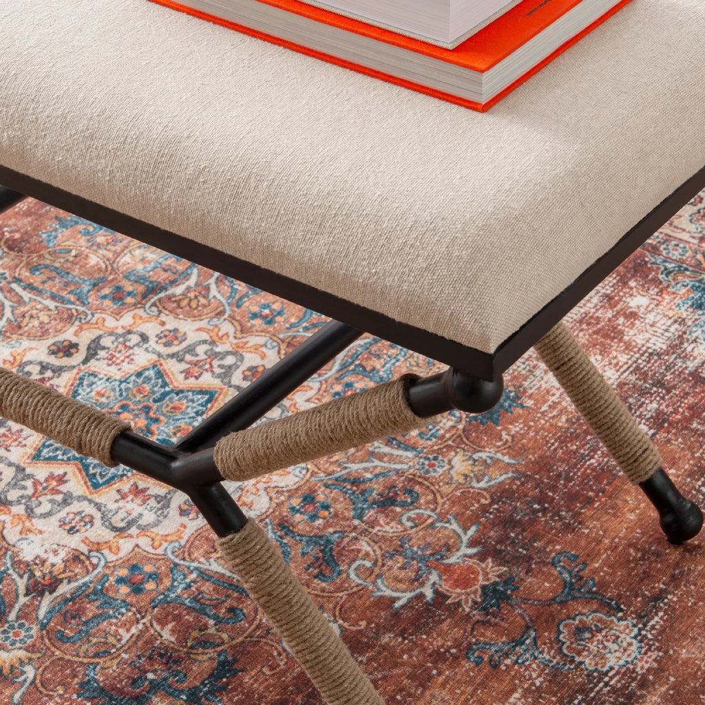 Rope Wrapped Metal Legs Natural Linen Fabric Bench or Ottoman X934
